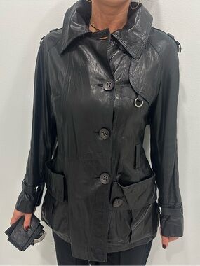 Black Leather Button-Front Trench Jacket